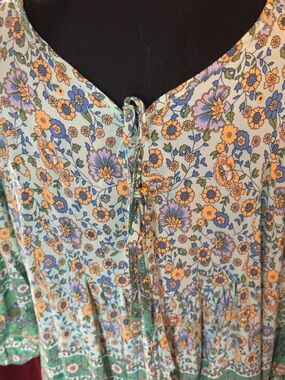 Boho Floral Peasant Top in Green and Blue